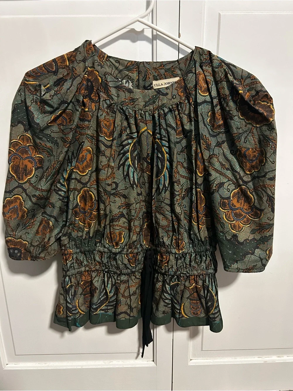 Ulla Johnson Olive Green and Brown Botanical Puff-Sleeve Blouse